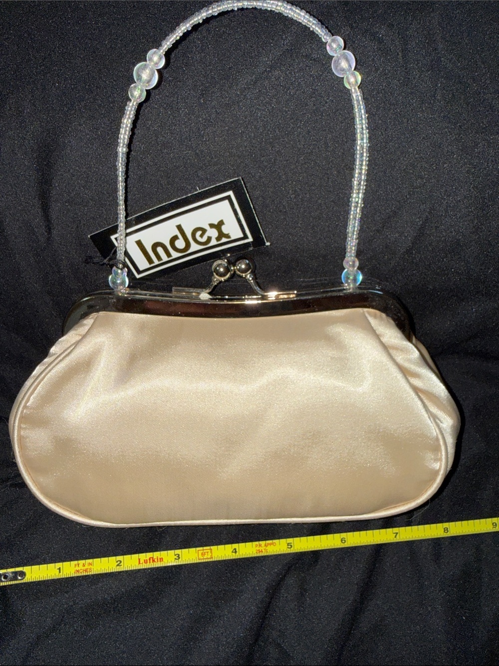 Index Satin Clutch in Champagne Beige with Beaded Handle